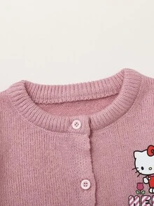 Maija Kids HELLO KITTY AND FRIENDS | SHEIN Maija Kids 少女休閒優雅可愛寬鬆針織藕紫色卡通刺繡圓領長袖開襟衫，適合學校、外出、秋季、正式場合兒童穿著 - 粉色 - 查看 5