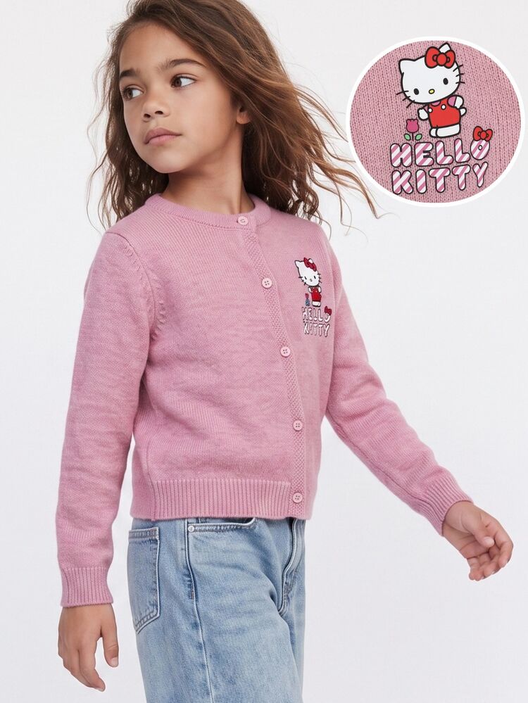 Maija Kids HELLO KITTY AND FRIENDS | SHEIN Maija Kids Tween Girl Casual Elegant Cute Loose Knit Mauve Cartoon Embroidered Round Neck Long Sleeve Cardigan, Suitable For School, Outings, Fall, Formal Kids - Pink - View 7