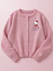 Maija Kids HELLO KITTY AND FRIENDS | SHEIN Maija Kids 少女休閒優雅可愛寬鬆針織藕紫色卡通刺繡圓領長袖開襟衫，適合學校、外出、秋季、正式場合兒童穿著 - 粉色 - 查看 2