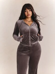 CovetEZ 2件組大尺碼女款天鵝絨連帽外套與純色內搭褲，休閒套裝，深紫色，適合秋冬約會之夜、居家休閒穿著 - 棕色 - 查看 4