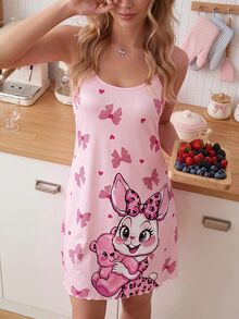 SweetSlumber Gaun Tidur Mini Rajut Camisole Nyaman Motif Kelinci Kecil yang Manis dan Imut, Motif Leopard, Pita, dan Beruang - Berwarna merah muda - View 2
