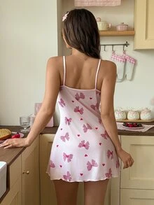 SweetSlumber Gaun Tidur Mini Rajut Camisole Nyaman Motif Kelinci Kecil yang Manis dan Imut, Motif Leopard, Pita, dan Beruang - Berwarna merah muda - View 5