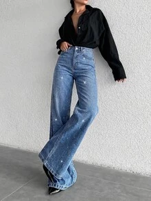 SHEIN ICON 女款休閒街頭風百搭牛仔褲，適合日常旅行，附口袋、鈕扣與水鑽裝飾，牛仔女郎造型淺藍色牛仔褲，派對夏季穿搭 - 藍色 - 查看 3