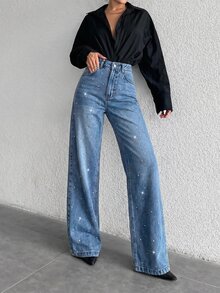 SHEIN ICON 女款休閒街頭風百搭牛仔褲，適合日常旅行，附口袋、鈕扣與水鑽裝飾，牛仔女郎造型淺藍色牛仔褲，派對夏季穿搭 - 藍色 - 查看 4