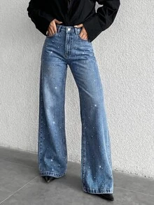 SHEIN ICON 女款休閒街頭風百搭牛仔褲，適合日常旅行，附口袋、鈕扣與水鑽裝飾，牛仔女郎造型淺藍色牛仔褲，派對夏季穿搭 - 藍色 - 查看 5