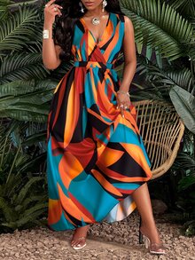 SOLERSUN Women's Plus Size Simple Everyday All Over Print Deep-V Neck Sleeveless Long Dress (Random Printing) - Red - View 2