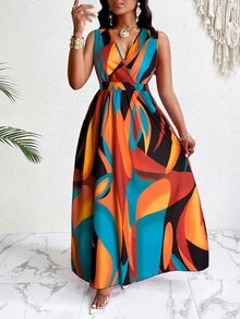SOLERSUN Women's Plus Size Simple Everyday All Over Print Deep-V Neck Sleeveless Long Dress (Random Printing) - Red - View 5