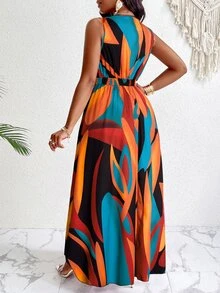 SOLERSUN Women's Plus Size Simple Everyday All Over Print Deep-V Neck Sleeveless Long Dress (Random Printing) - Red - View 6