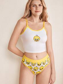 LOONEY TUNES X SHEIN Women's Cartoon Print Camisole Style Lingerie Set - White - View 4