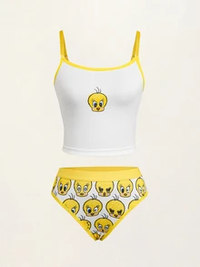 LOONEY TUNES X SHEIN Women's Cartoon Print Camisole Style Lingerie Set - White - View 6