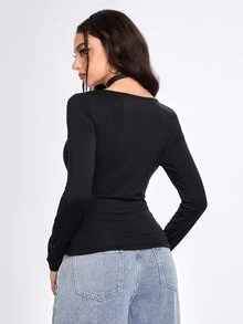 ROMWE Grunge Punk Women's Top With Metal Buckle And Metal Chain, Sexy Hot Girl Versatile Base Layer Design With Elasticity - Black - View 5