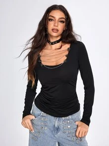 ROMWE Grunge Punk Women's Top With Metal Buckle And Metal Chain, Sexy Hot Girl Versatile Base Layer Design With Elasticity - Black - View 3