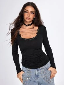 ROMWE Grunge Punk Women's Top With Metal Buckle And Metal Chain, Sexy Hot Girl Versatile Base Layer Design With Elasticity - Black - View 1