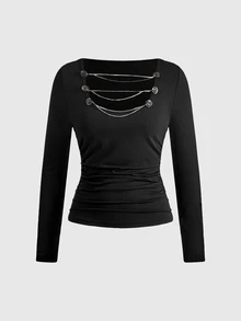 ROMWE Grunge Punk Women's Top With Metal Buckle And Metal Chain, Sexy Hot Girl Versatile Base Layer Design With Elasticity - Black - View 6