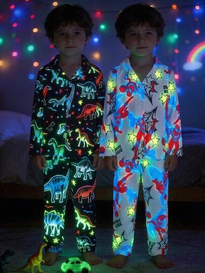 Boys Dinosaur Print Pajama Set, Spring/Autumn Lapel Cardigan Long Sleeve Pants Cartoon Young Boy Loungewear 2 Pieces Set, Loose Fit Home Sleepwear For Little Boys