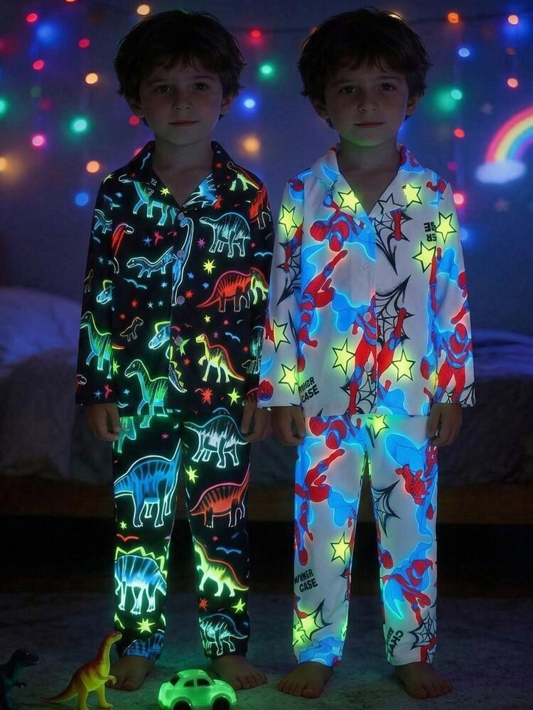 Boys Dinosaur Print Pajama Set, Spring/Autumn Lapel Cardigan Long Sleeve Pants Cartoon Young Boy Loungewear 2 Pieces Set, Loose Fit Home Sleepwear For Little Boys - Multicolor - View 1
