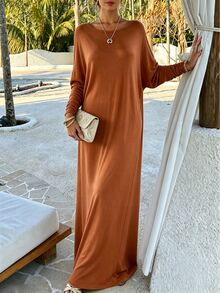 INAWLY Solva Women's Solid Color Round Neck Drop Shoulder Long Sleeve Casual Loose Fit Dress - Rust Brown - View 2