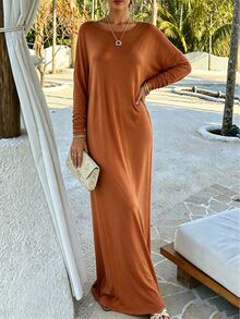 INAWLY Solva Women's Solid Color Round Neck Drop Shoulder Long Sleeve Casual Loose Fit Dress - Rust Brown - View 4