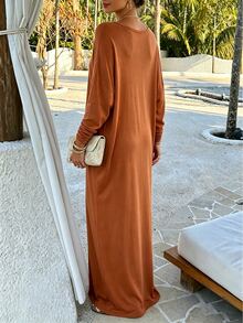 INAWLY Solva Women's Solid Color Round Neck Drop Shoulder Long Sleeve Casual Loose Fit Dress - Rust Brown - View 3