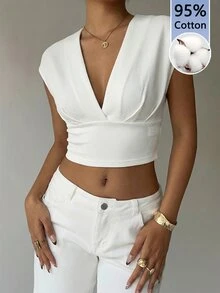 Aloruh 女款休閒優雅性感夏季純白色套頭修身深V領短袖短版T恤，適合夜生活、外出與度假 - 白色 - 查看 7