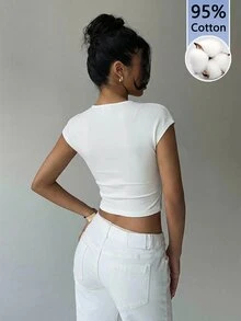 Aloruh 女款休閒優雅性感夏季純白色套頭修身深V領短袖短版T恤，適合夜生活、外出與度假 - 白色 - 查看 5