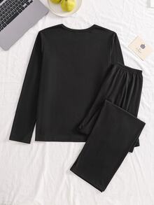 Teen Girl Korean Style Heart Graphic Pajama Set, 2pcs Long Sleeve Top & Elastic Waist Pants, Soft Fall Winter Loungewear - Black - View 3