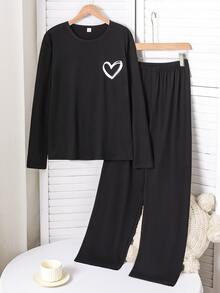 Teen Girl Korean Style Heart Graphic Pajama Set, 2pcs Long Sleeve Top & Elastic Waist Pants, Soft Fall Winter Loungewear - Black - View 5