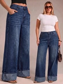 SHEIN PETITE CURVE Plus Size Baggy Traditional Dressy Washed Straight Leg Jeans Cowgirl Outfits Women Navy Blue Back To School Holiday Beach Going Out Club Fall Summer - Blue - View 8