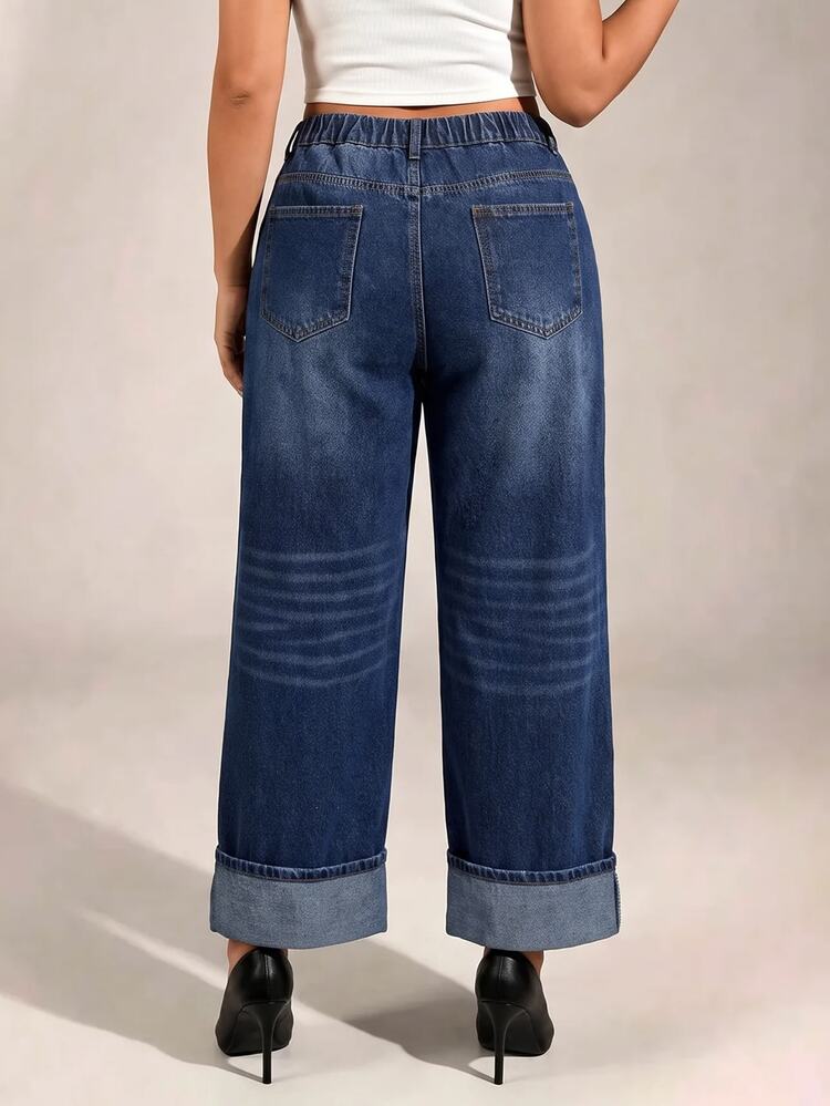 SHEIN PETITE CURVE 大尺碼寬鬆傳統正裝水洗直筒牛仔褲 女款海軍藍 牛仔女郎穿搭 開學季 假期 沙灘 外出 俱樂部 秋季 夏季 - 藍色 - 查看 2