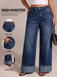SHEIN PETITE CURVE Plus Size Baggy Traditional Dressy Washed Straight Leg Jeans Cowgirl Outfits Women Navy Blue Back To School Holiday Beach Going Out Club Fall Summer - Blue - View 4