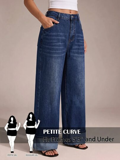 SHEIN PETITE CURVE Plus Size Casual Washed Straight Leg Jeans Cowgirl Outfits For Women Blue Jeans Back To School Work Outfits For Women Fall