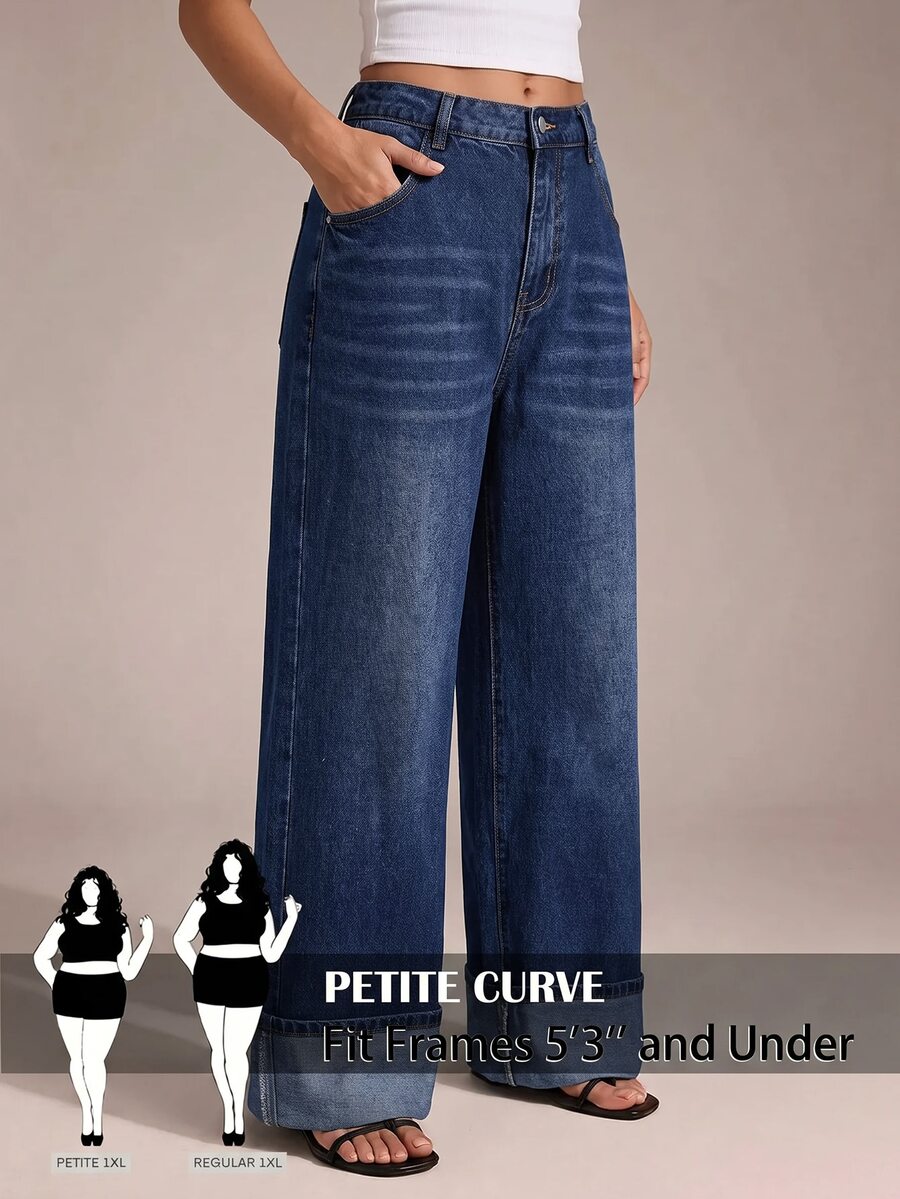 SHEIN PETITE CURVE Plus Size Baggy Traditional Dressy Washed Straight Leg Jeans Cowgirl Outfits Women Navy Blue Back To School Holiday Beach Going Out Club Fall Summer