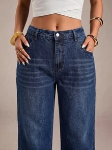 SHEIN PETITE CURVE Plus Size Baggy Traditional Dressy Washed Straight Leg Jeans Cowgirl Outfits Women Navy Blue Back To School Holiday Beach Going Out Club Fall Summer - Blue - View 7