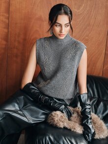 Anewsta Dark Gray Semi-High Neck Sleeveless Knitted Vest For Women, Heavy Embellished Leaf Rhinestone & Bead Studded Loose Fit Tank Top, Solid Color Soft Knit Layering Inner Vest For Autumn/Winter - Dark Grey - View 6