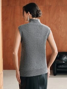 Anewsta Dark Gray Semi-High Neck Sleeveless Knitted Vest For Women, Heavy Embellished Leaf Rhinestone & Bead Studded Loose Fit Tank Top, Solid Color Soft Knit Layering Inner Vest For Autumn/Winter - Dark Grey - View 2