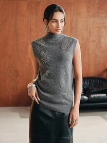 Anewsta Dark Gray Semi-High Neck Sleeveless Knitted Vest For Women, Heavy Embellished Leaf Rhinestone & Bead Studded Loose Fit Tank Top, Solid Color Soft Knit Layering Inner Vest For Autumn/Winter - Dark Grey - View 3