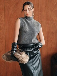 Anewsta Dark Gray Semi-High Neck Sleeveless Knitted Vest For Women, Heavy Embellished Leaf Rhinestone & Bead Studded Loose Fit Tank Top, Solid Color Soft Knit Layering Inner Vest For Autumn/Winter - Dark Grey - View 5