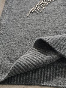 Anewsta Dark Gray Semi-High Neck Sleeveless Knitted Vest For Women, Heavy Embellished Leaf Rhinestone & Bead Studded Loose Fit Tank Top, Solid Color Soft Knit Layering Inner Vest For Autumn/Winter - Dark Grey - View 8