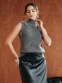 Anewsta Dark Gray Semi-High Neck Sleeveless Knitted Vest For Women, Heavy Embellished Leaf Rhinestone & Bead Studded Loose Fit Tank Top, Solid Color Soft Knit Layering Inner Vest For Autumn/Winter - Dark Grey - View 4