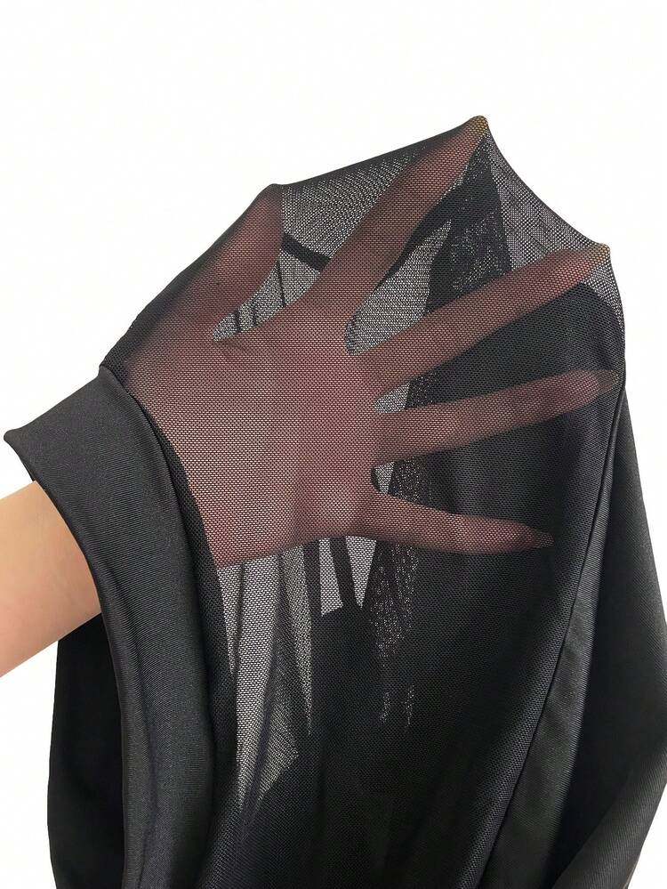 NU&NOW Plus Size Women Summer Black Mesh Paneled StCollar Short Sleeve Bodycon Party Dress,Elegant Formal Evening Night Out Club Autumn Slits Slim  Clother - Black - View 7