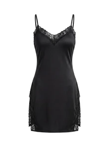 SHEIN Sexy High Slit Lace Cami Women Nightgown - Black - View 2