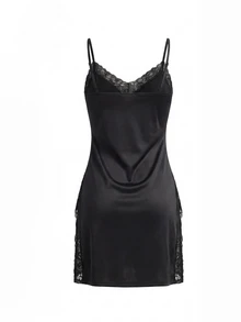 SHEIN Sexy High Slit Lace Cami Women Nightgown - Black - View 6