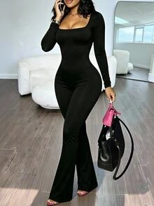 INAWLY Solva Women's Solid Color Square Neck Long Sleeve Casual Fitted Jumpsuit - Black - View 4