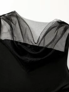 Everyssa Tank Top Wanita Musim Panas Elegan dengan Motif Jala dan Patchwork - Hitam - View 3
