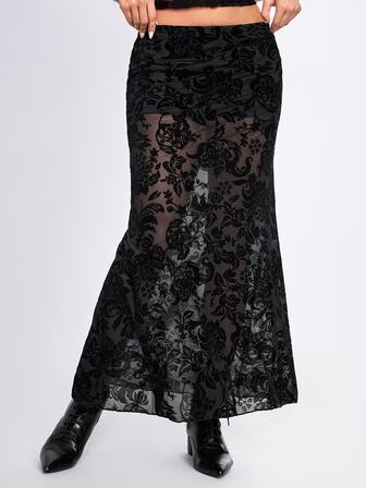 Gonna lunga da donna a vita bassa con pizzo floreale nero floccato stile hippie per autunno/inverno
