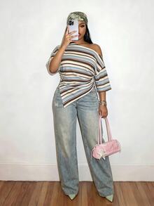 Slaydiva Plus Size Women's Striped Casual Versatile Daily Wear T-Shirt - Multicolor - View 4