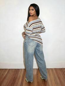 Slaydiva Plus Size Women's Striped Casual Versatile Daily Wear T-Shirt - Multicolor - View 2
