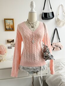 Soleia Women's Sweet Fashion Rope Detail Long Sleeve Sweater For Party And Date - Baby Pink - View 6