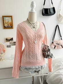 Soleia Women's Sweet Fashion Rope Detail Long Sleeve Sweater For Party And Date - Baby Pink - View 3