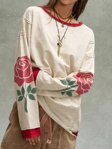 Bohemela Floral Print Drop Shoulder Oversize Ringer Tee - Apricot - View 7